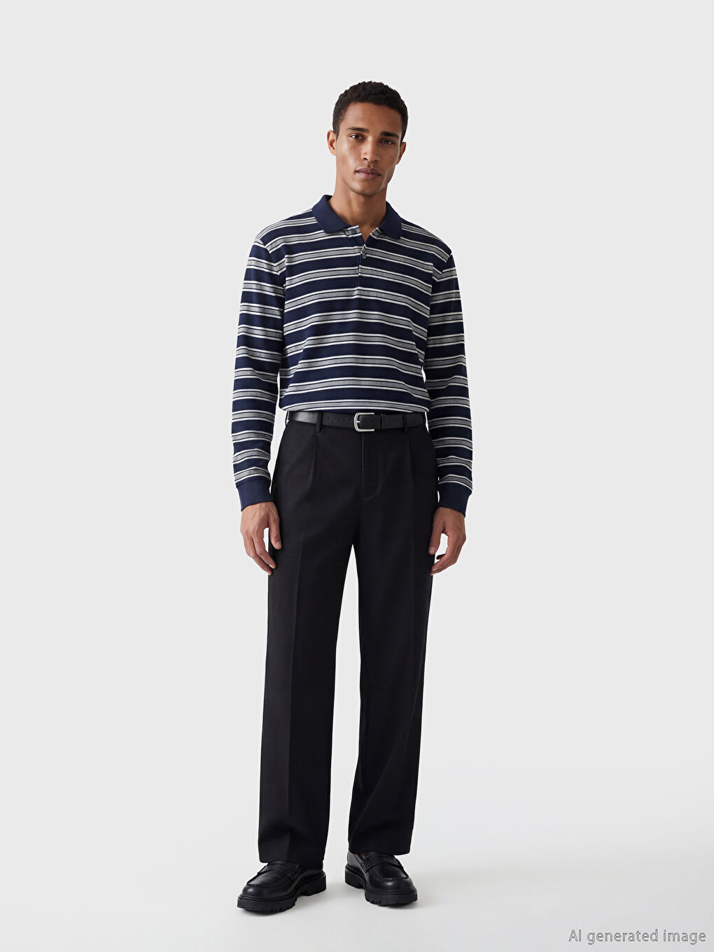 Lacivert Polo Yaka Çizgili Erkek Tişört-1