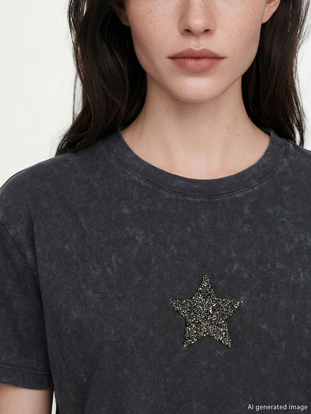 Mavi Bisiklet Yaka Yıldız İşlemeli Kadın Tişört-2