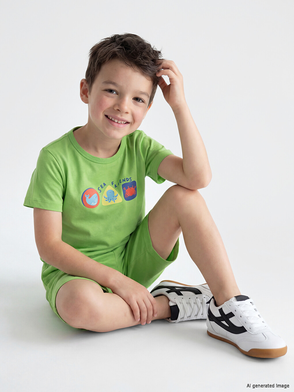 Yeşil Baskılı Erkek Çocuk Şortlu Pijama Takımı-1