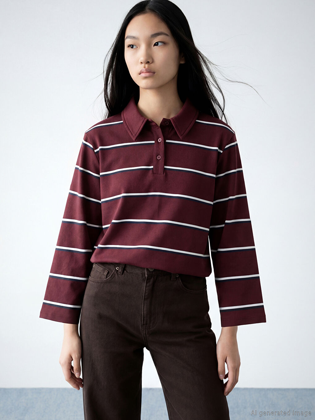 Bordo Polo Yaka Çizgili Oversize Kadın Tişört