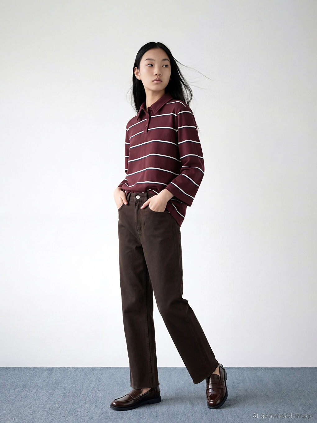 Bordo Polo Yaka Çizgili Oversize Kadın Tişört-1