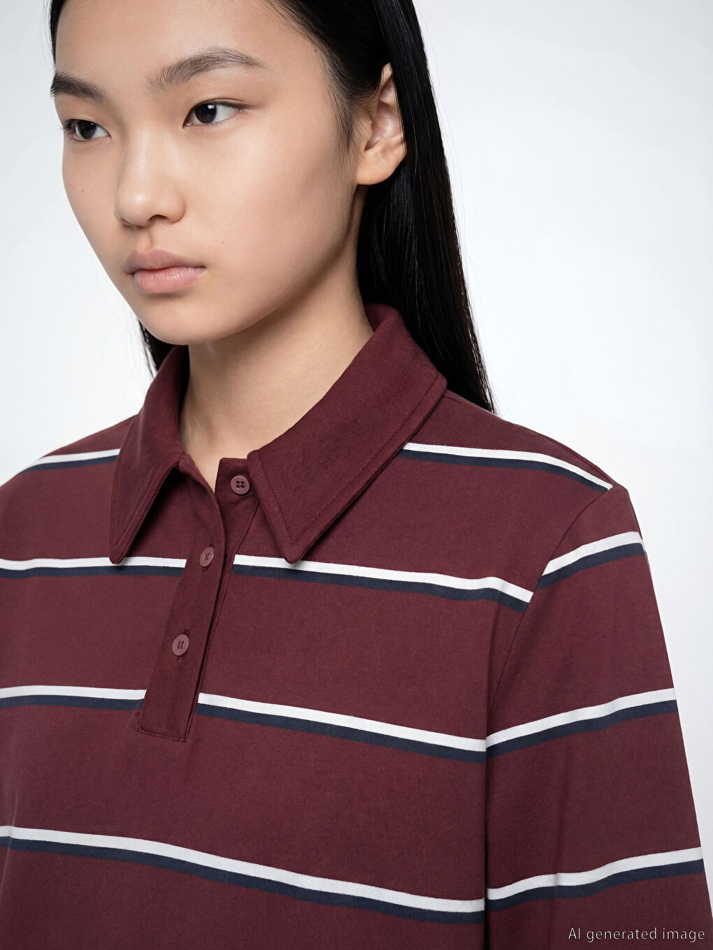 Bordo Polo Yaka Çizgili Oversize Kadın Tişört-2