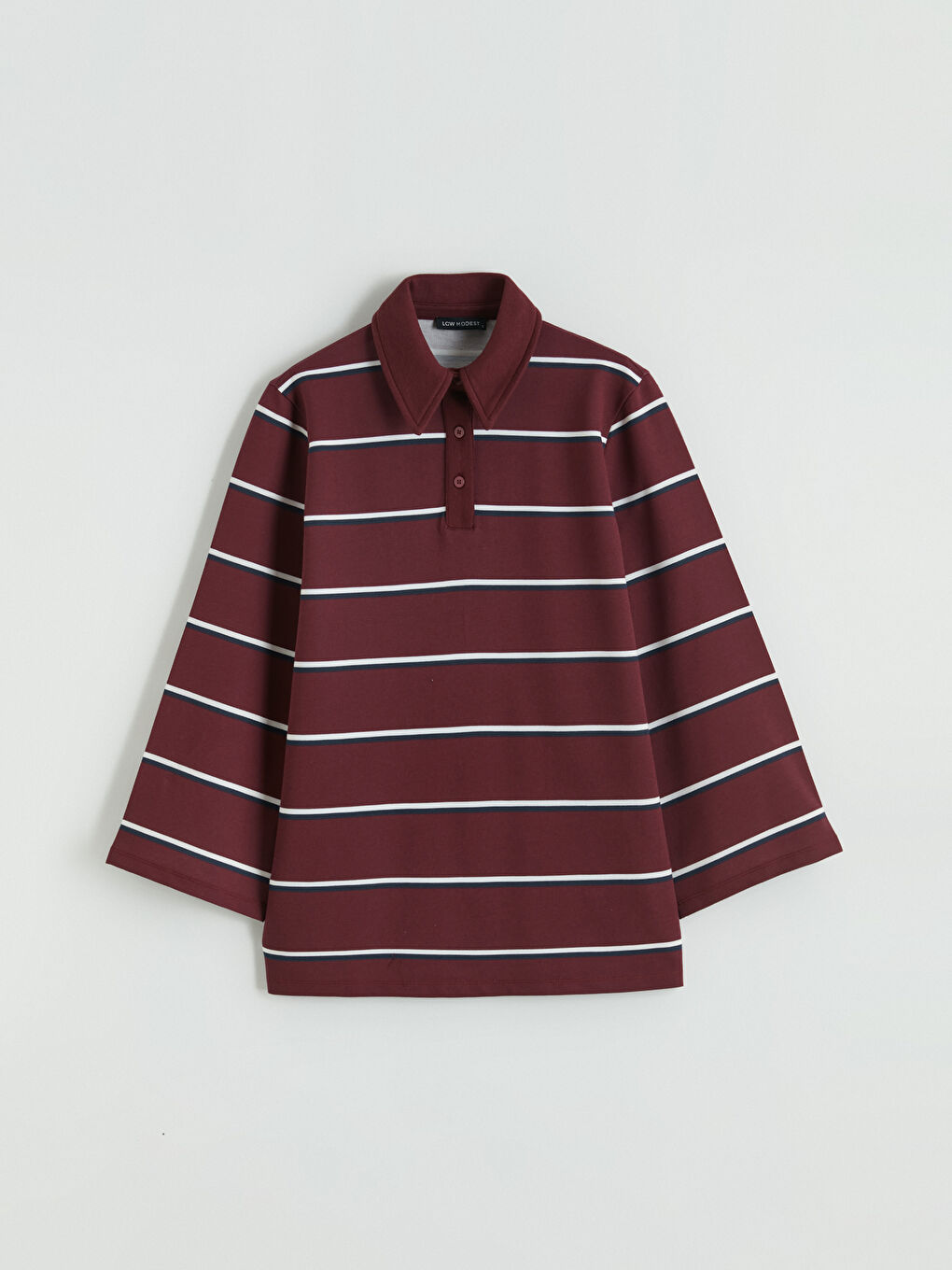 Bordo Polo Yaka Çizgili Oversize Kadın Tişört-4