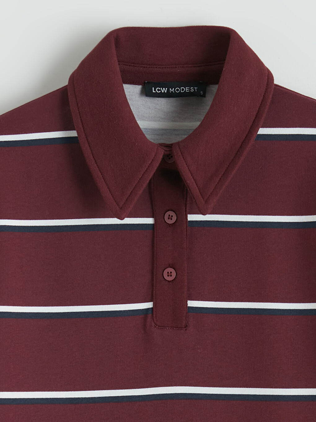 Bordo Polo Yaka Çizgili Oversize Kadın Tişört-5