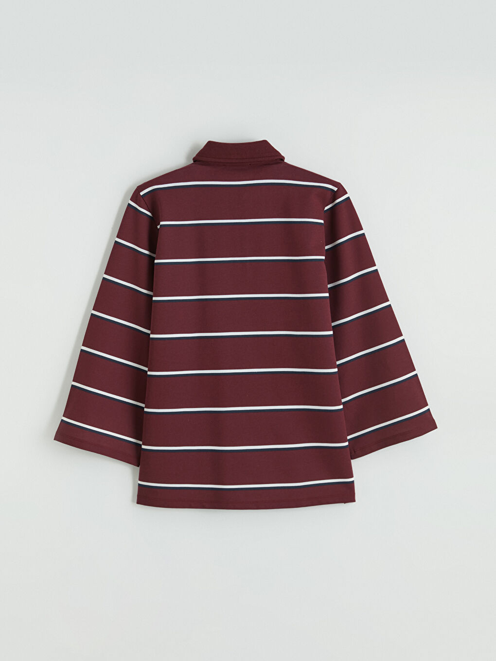 Bordo Polo Yaka Çizgili Oversize Kadın Tişört-6