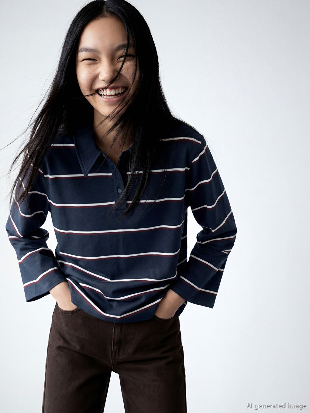 Lacivert Polo Yaka Çizgili Oversize Kadın Tişört