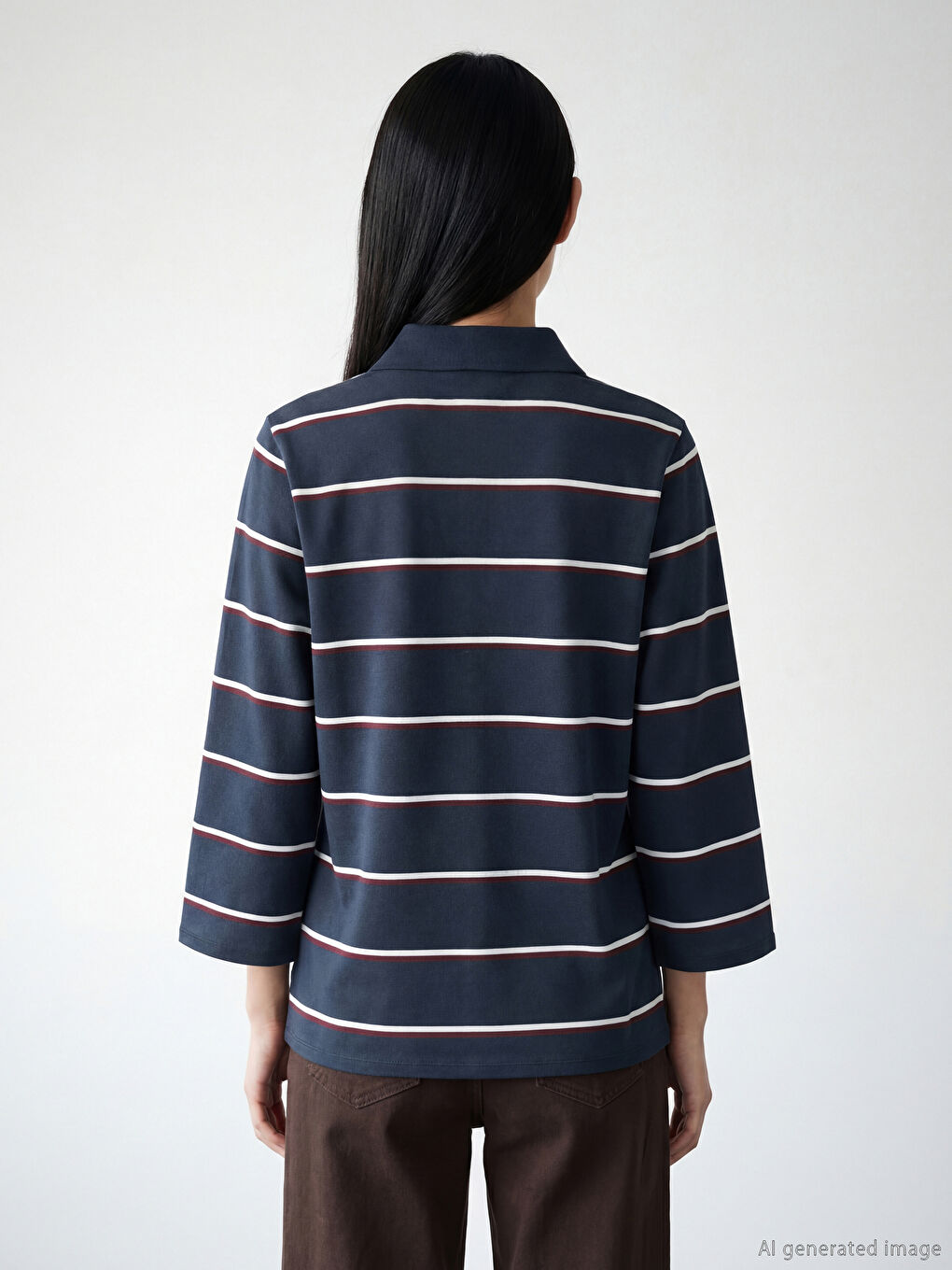 Lacivert Polo Yaka Çizgili Oversize Kadın Tişört-3