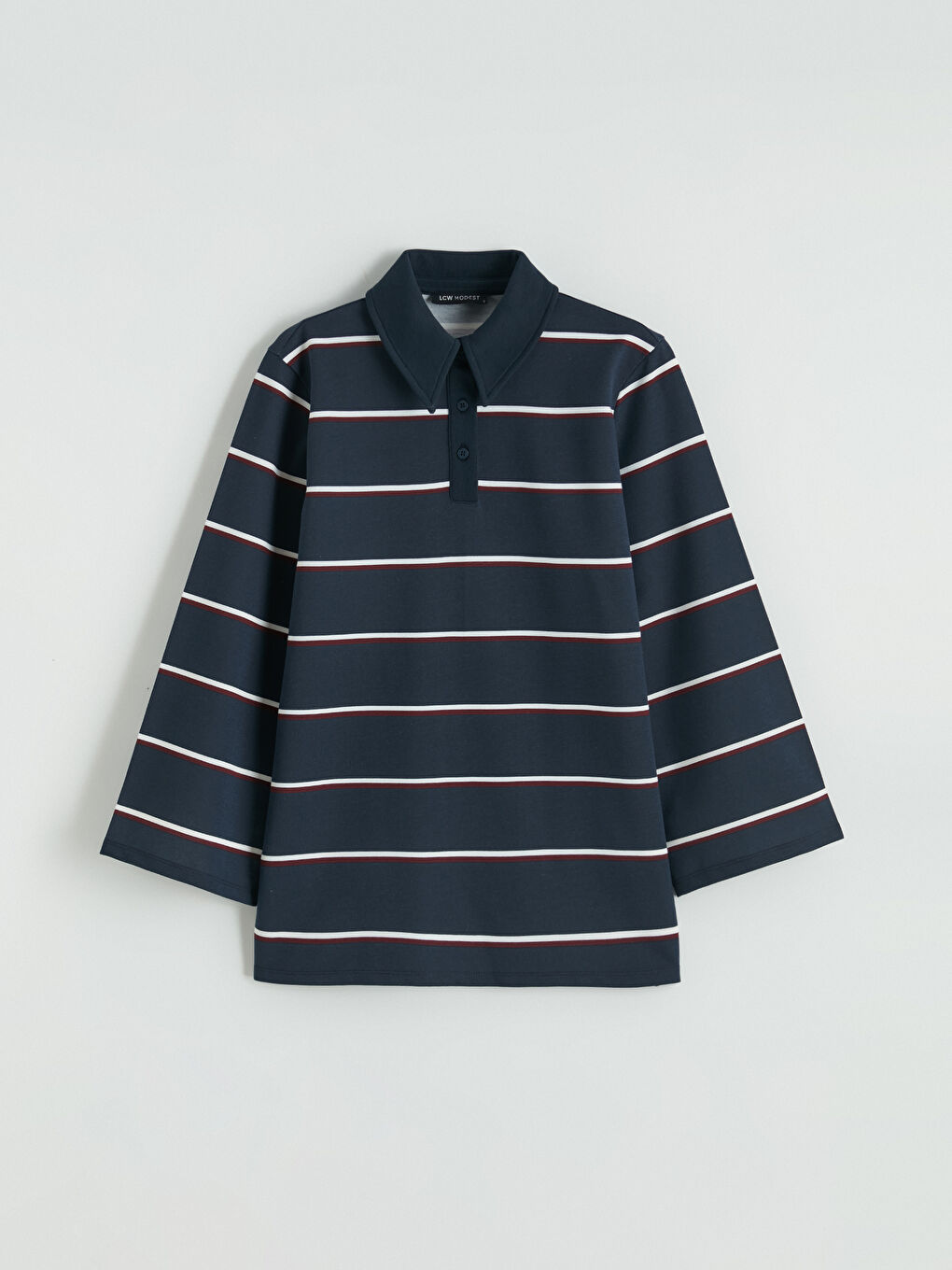 Lacivert Polo Yaka Çizgili Oversize Kadın Tişört-4