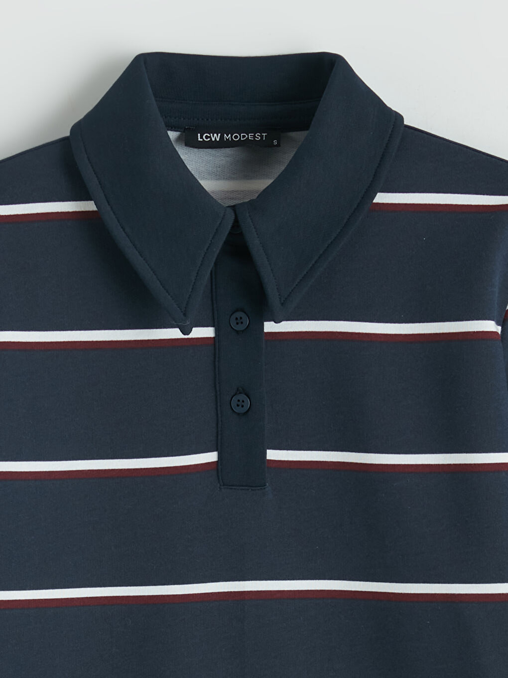 Lacivert Polo Yaka Çizgili Oversize Kadın Tişört-5