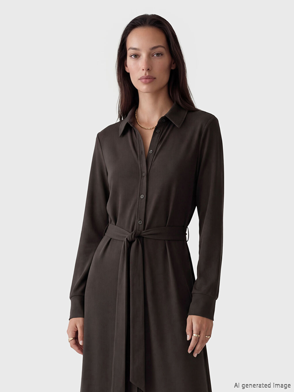 Kahverengi Modal Karışımlı Beli Kuşaklı Gömlek Elbise-1