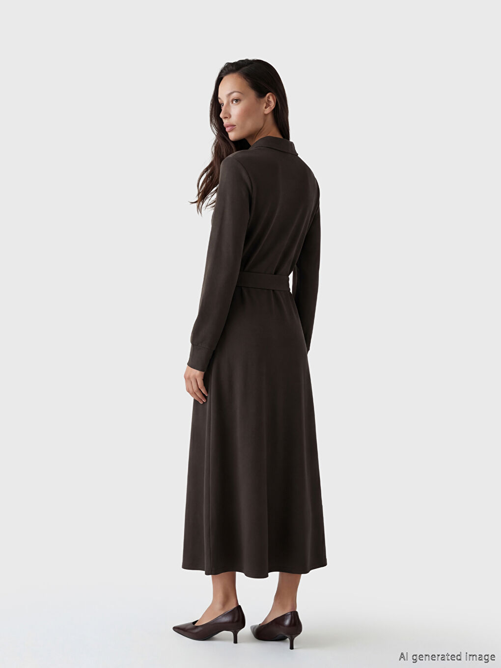 Kahverengi Modal Karışımlı Beli Kuşaklı Gömlek Elbise-2