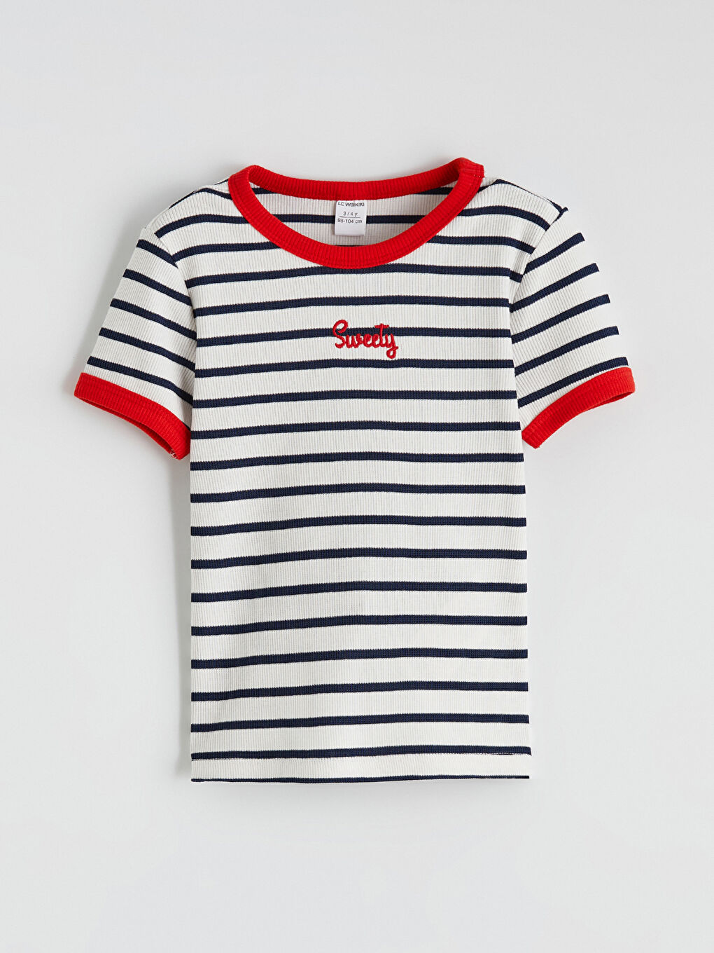 Lacivert Nakışlı Çizgili Kız Çocuk Tişört