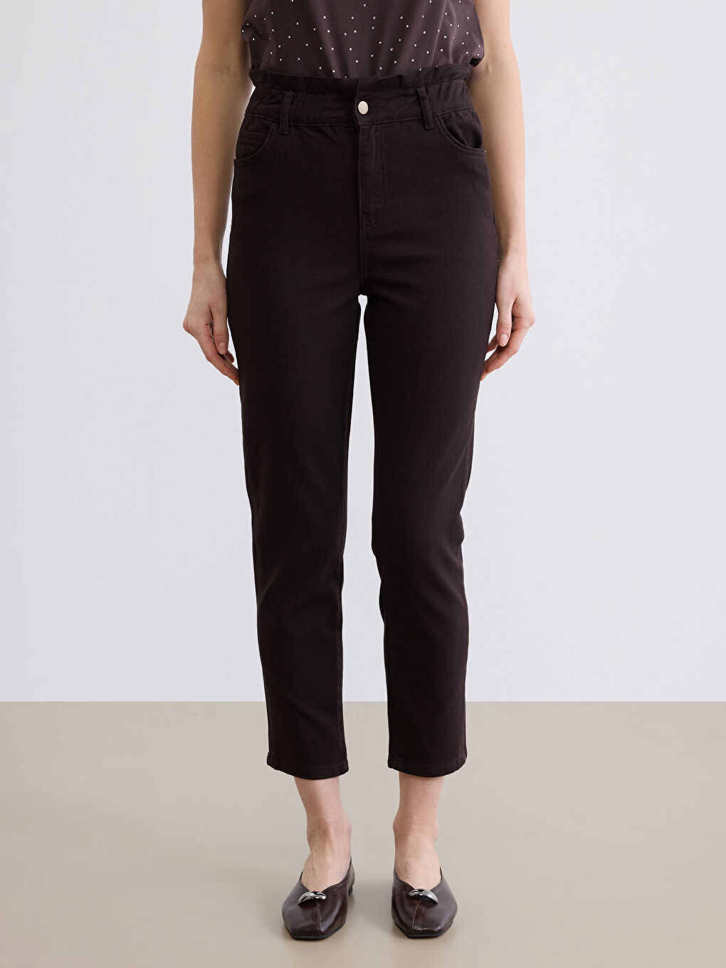 Kahverengi Yüksek Bel Paperbag Kadın Jean Pantolon-1