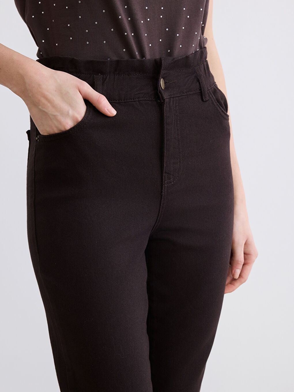 Kahverengi Yüksek Bel Paperbag Kadın Jean Pantolon-2