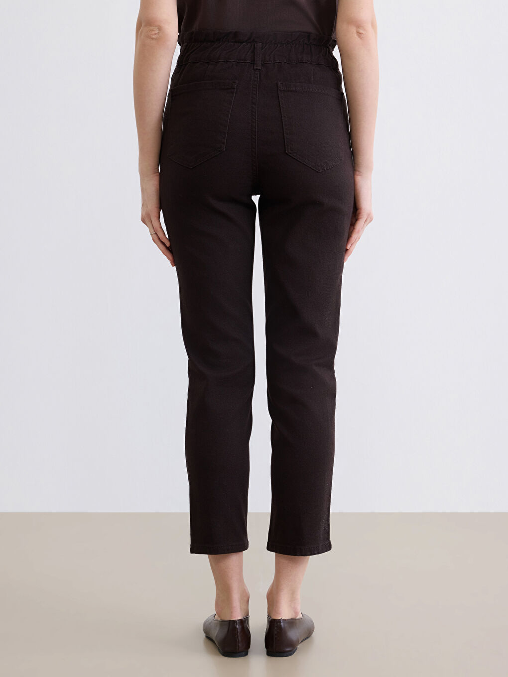 Kahverengi Yüksek Bel Paperbag Kadın Jean Pantolon-3