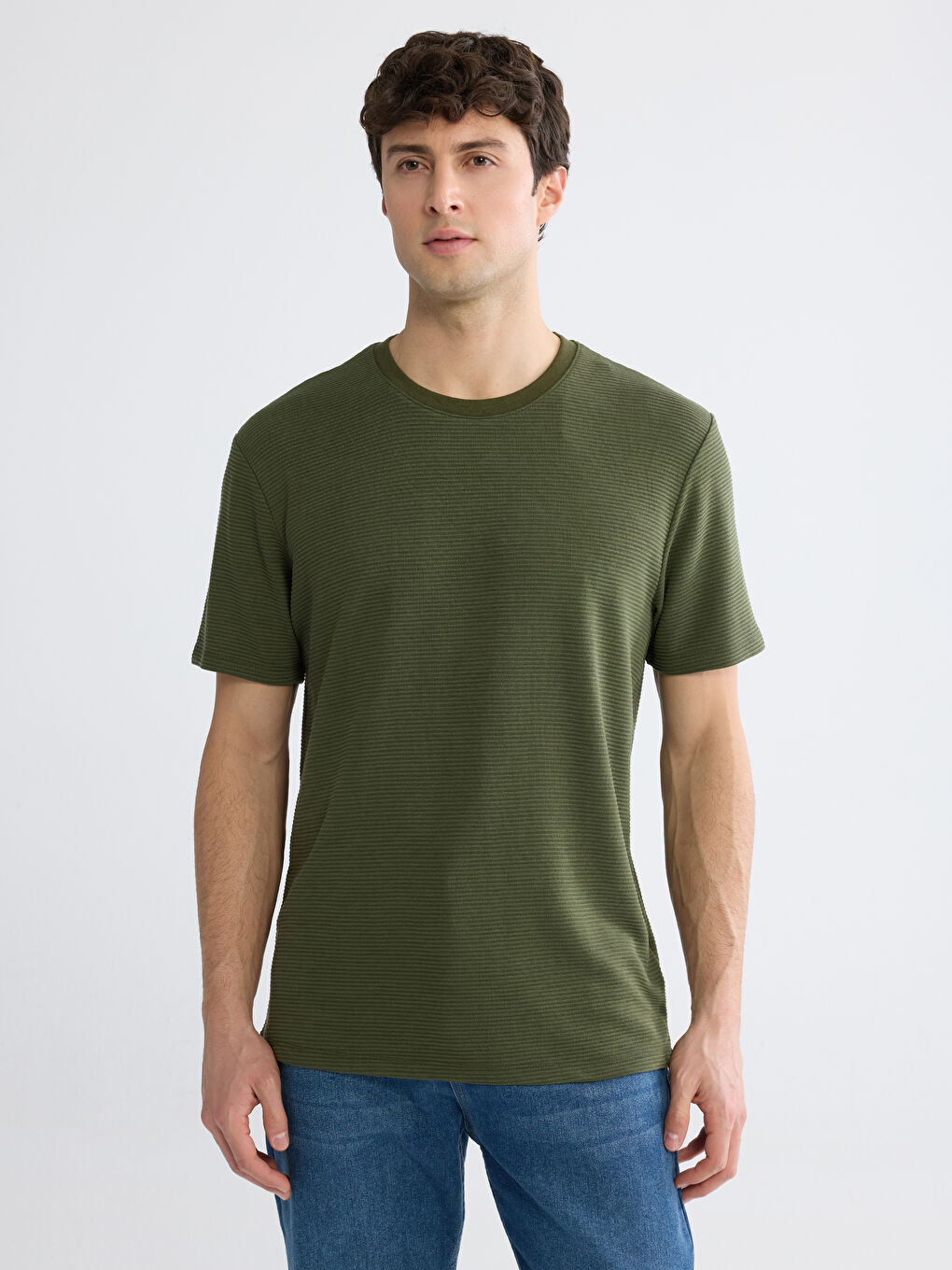 Yeşil Bisiklet Yaka Dokulu Erkek Tişört