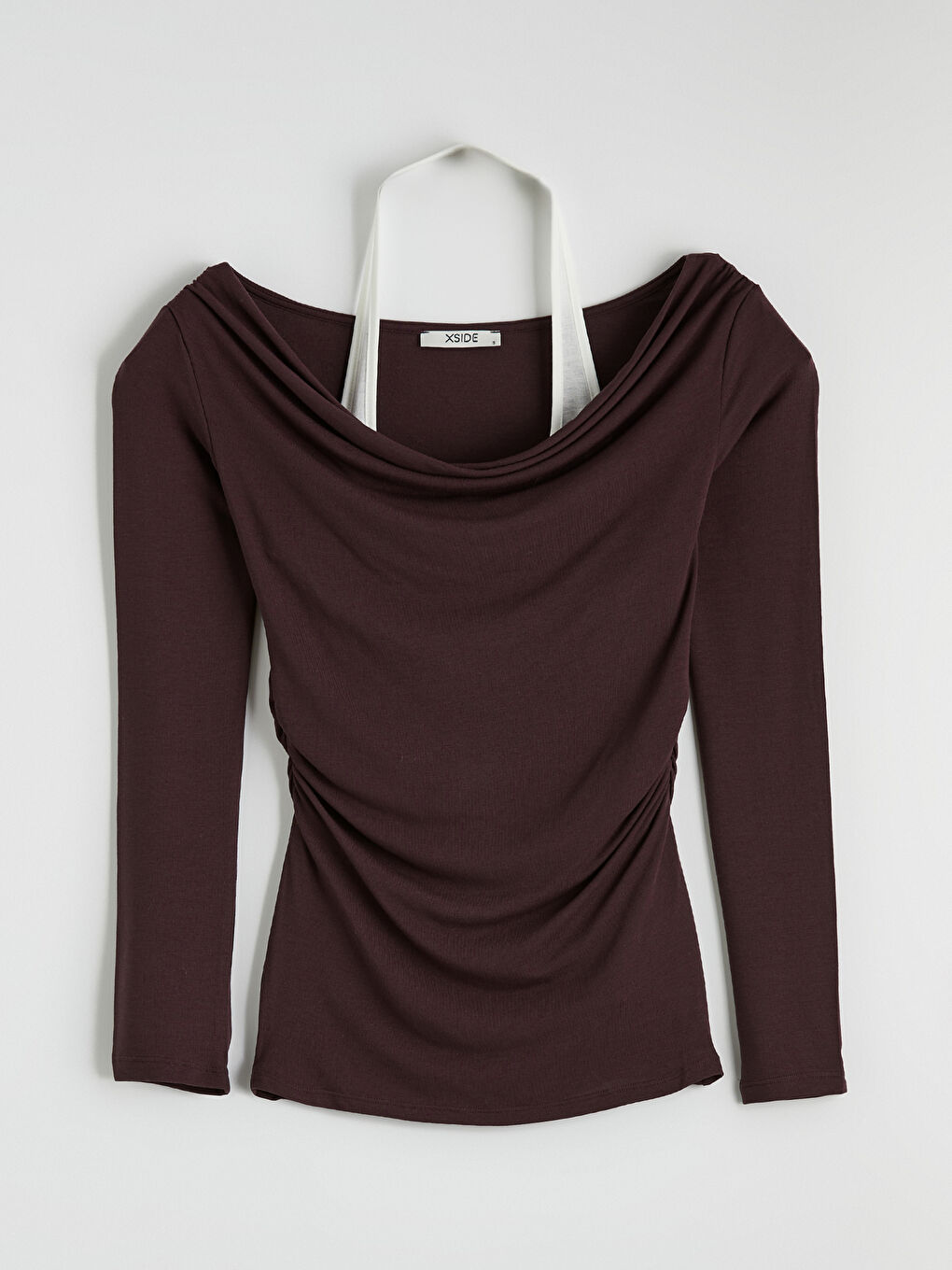 Bordo Kayık Yaka Büzgülü Bluz