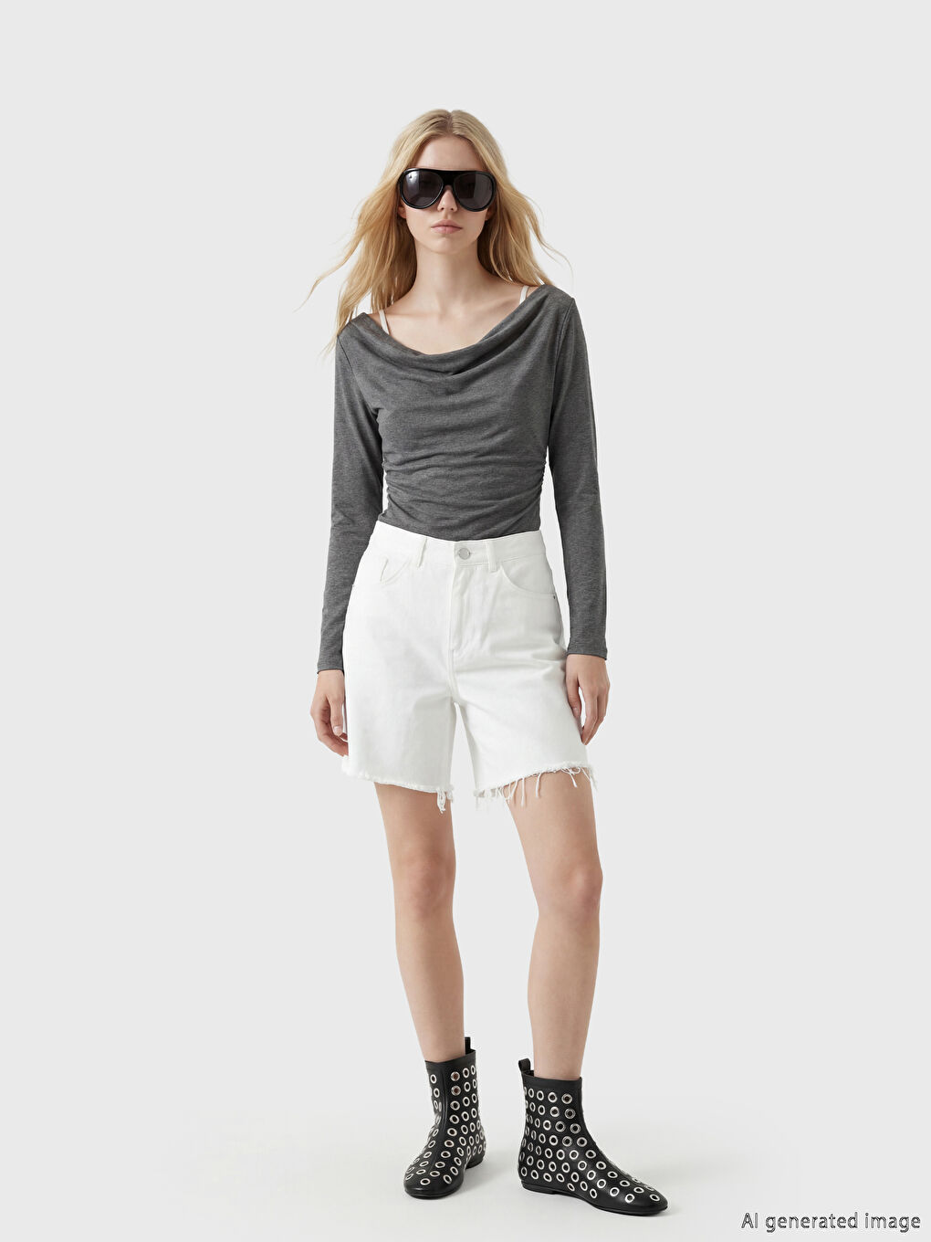 қайық тәрізді ойық жағалы бүрмеленген блузка-1