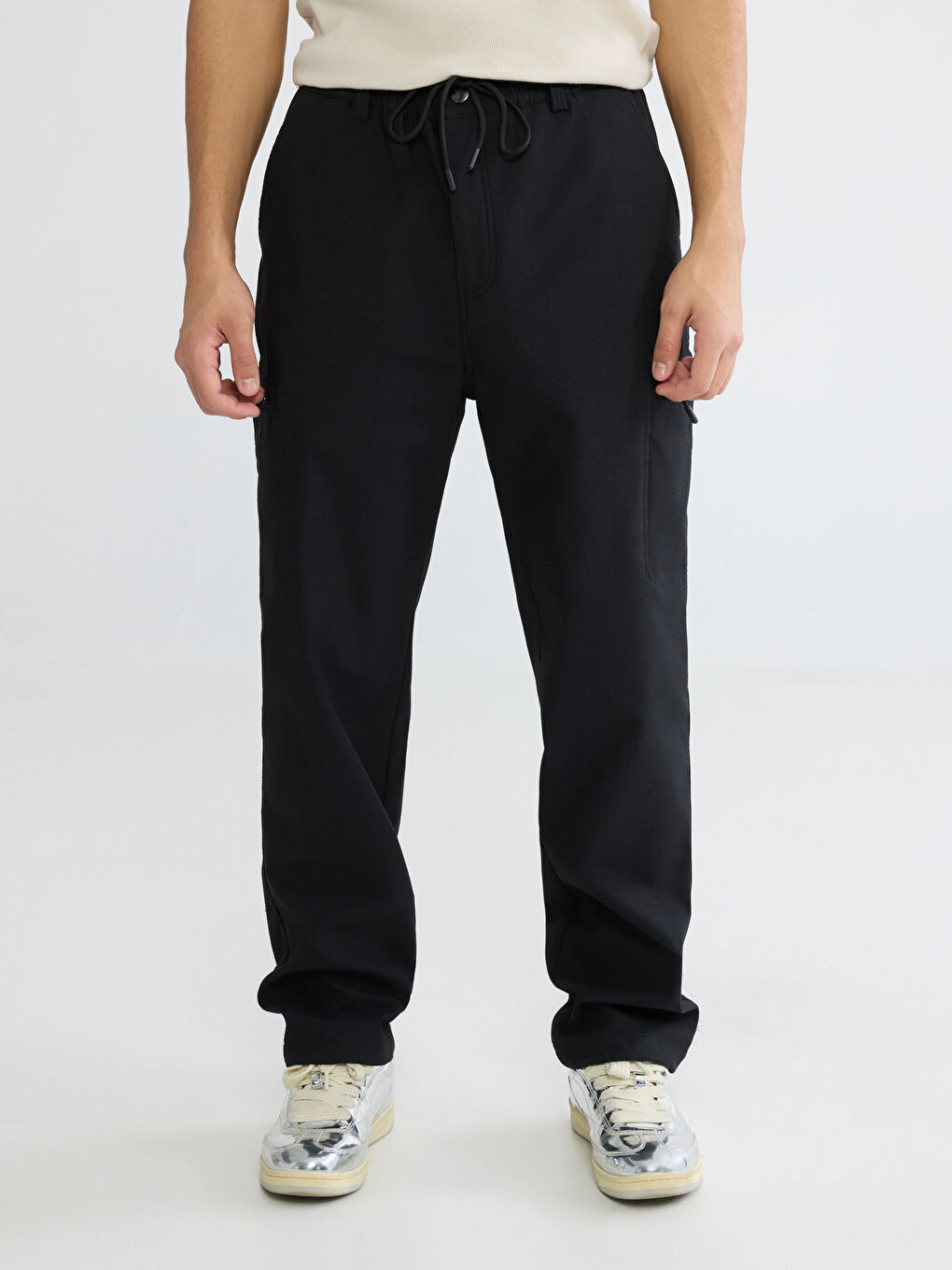 Siyah Standart Kalıp Erkek Kargo Pantolon-1