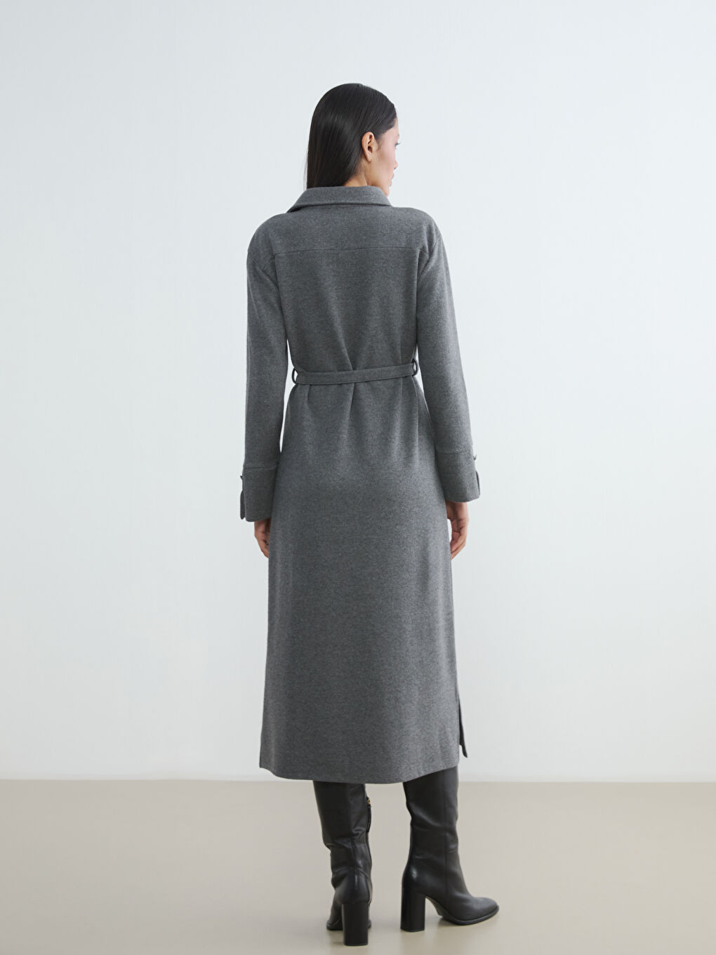 Gri Polo Yaka Kuşaklı Elbise-4