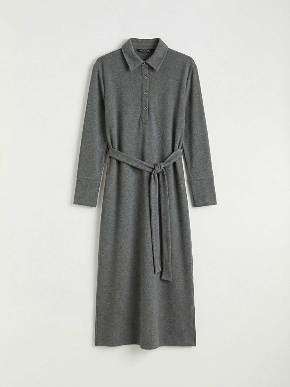 Gri Polo Yaka Kuşaklı Elbise