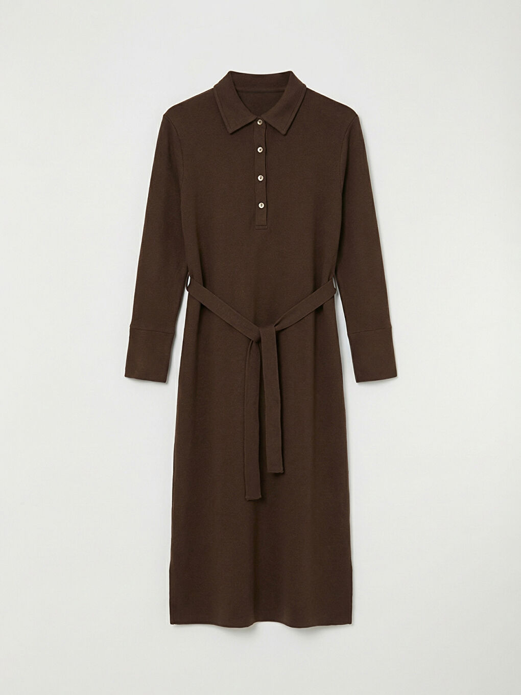 Kahverengi Polo Yaka Kuşaklı Elbise