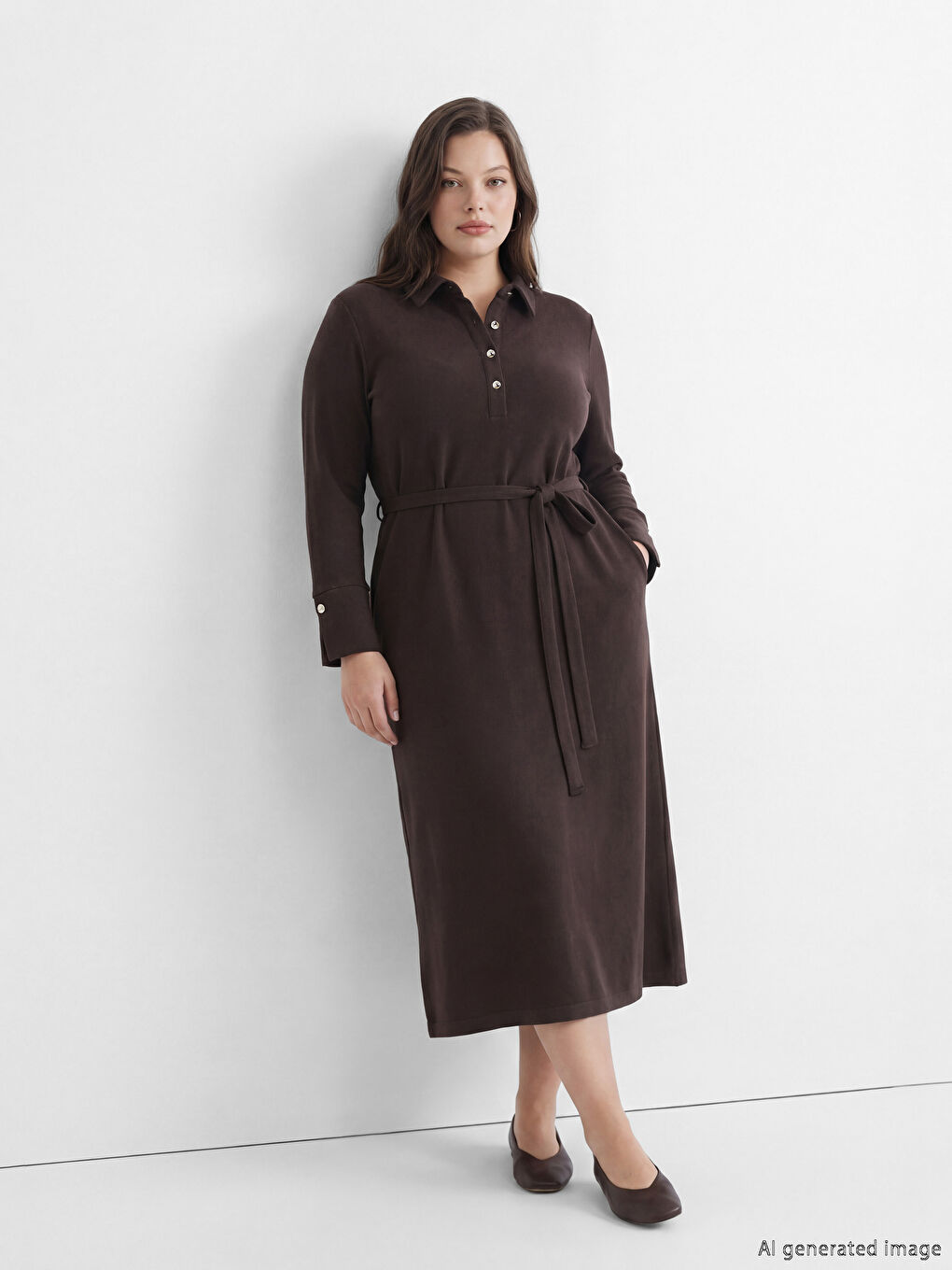Kahverengi Polo Yaka Kuşaklı Elbise-1