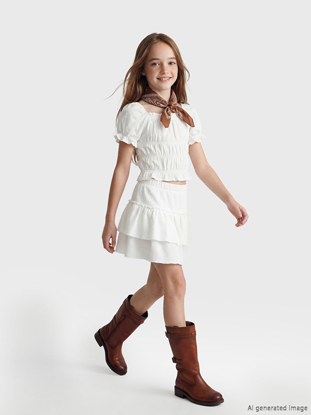 Beyaz Beli Lastikli Katkat Kız Çocuk Etek