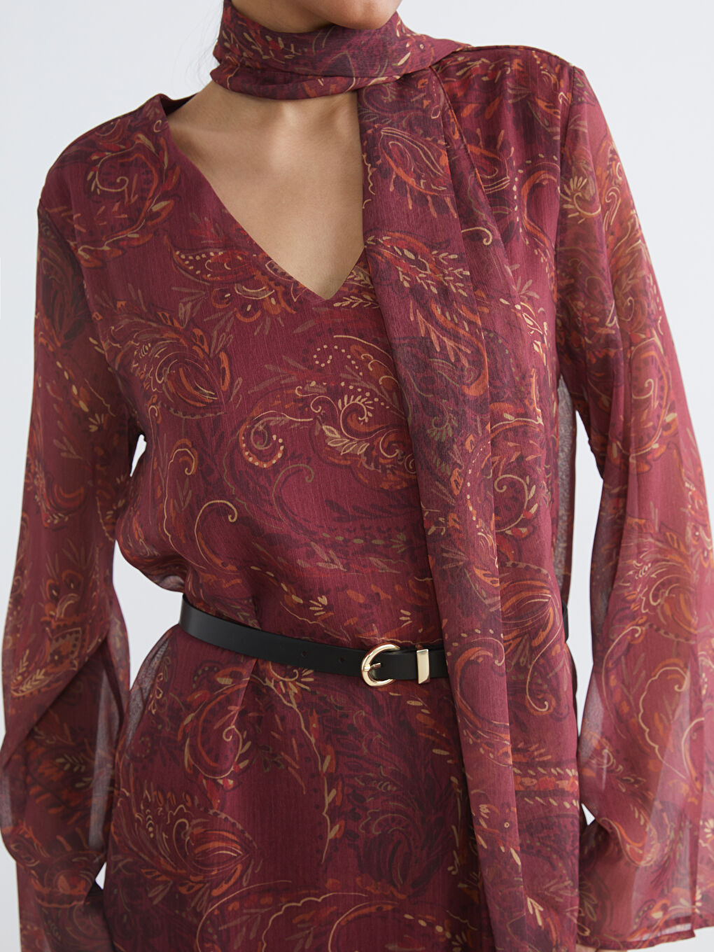 Karışık Şal Yaka Desenli İspanyol Kollu Kemerli Elbise-2