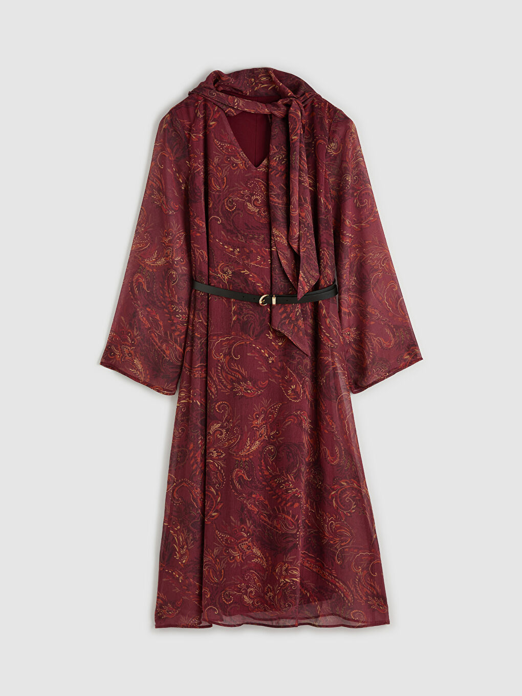 Karışık Şal Yaka Desenli İspanyol Kollu Kemerli Elbise-4