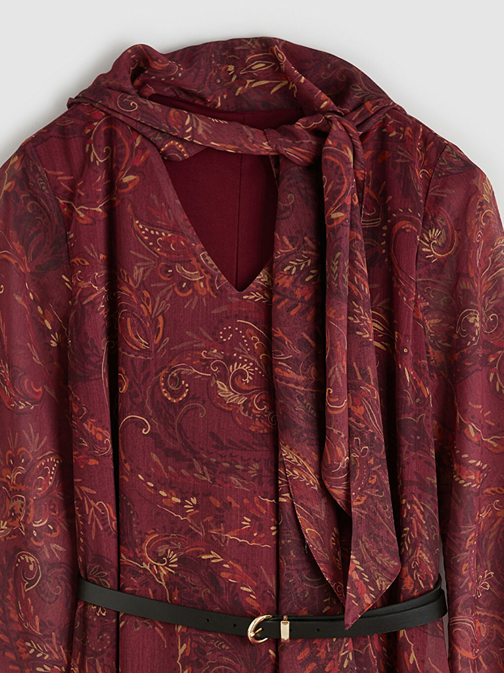 Karışık Şal Yaka Desenli İspanyol Kollu Kemerli Elbise-5