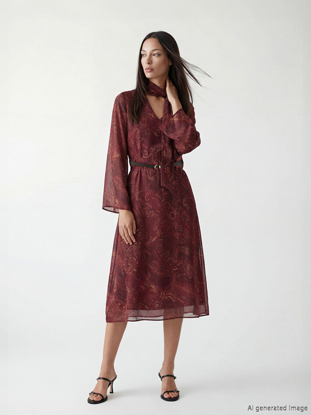 Shawl Collar Patterned Spanish Sleeve Belted Dress