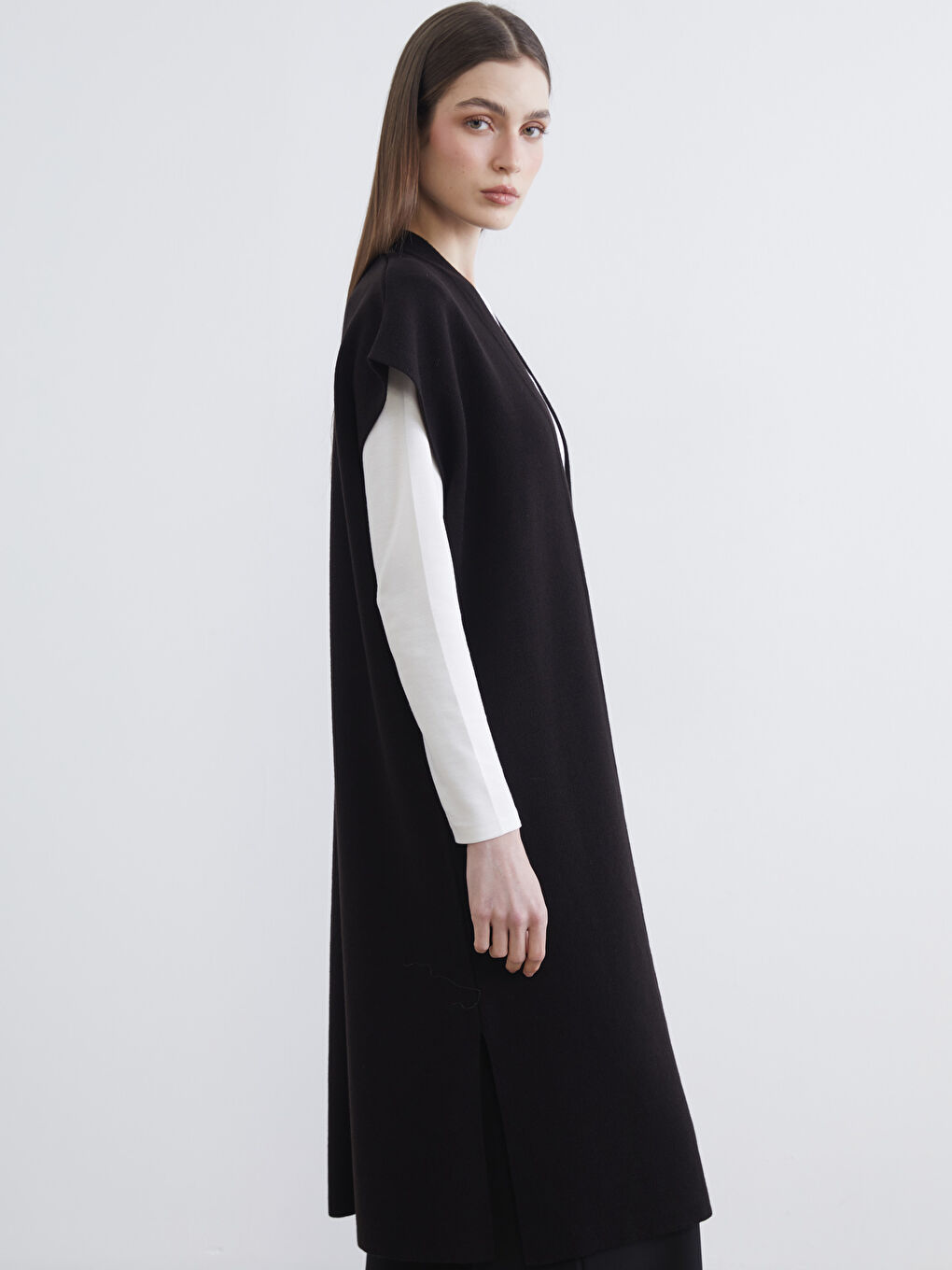 Siyah Şal Yaka Oversize Kadın Triko Yelek-1