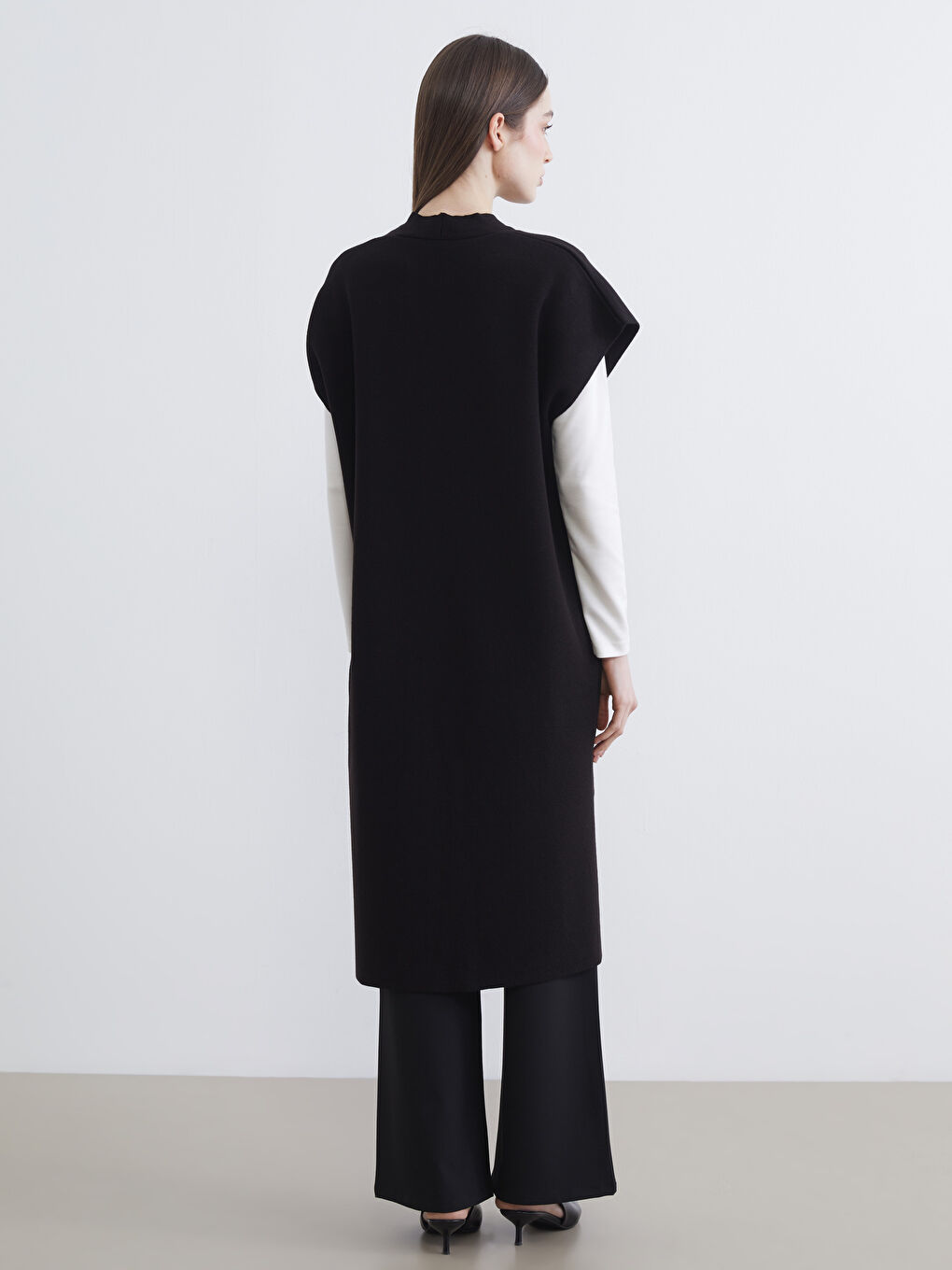 Siyah Şal Yaka Oversize Kadın Triko Yelek-3