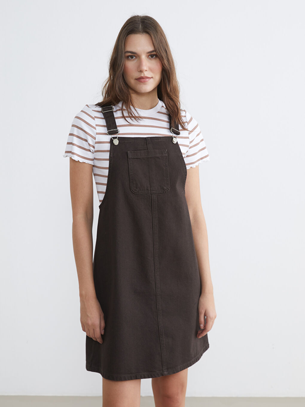 Kahverengi Kare Yaka Askılı Jean Salopet Elbise-1