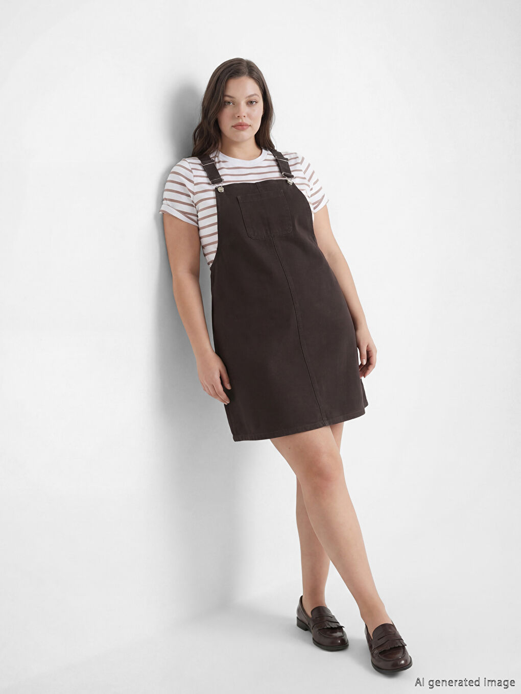 Kahverengi Kare Yaka Askılı Jean Salopet Elbise-1