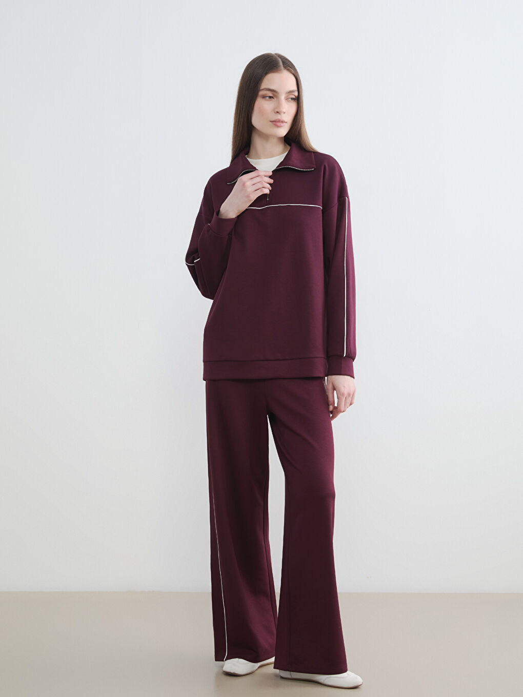 Mürdüm Dik Yaka Oversize Kadın Sweatshirt	-1