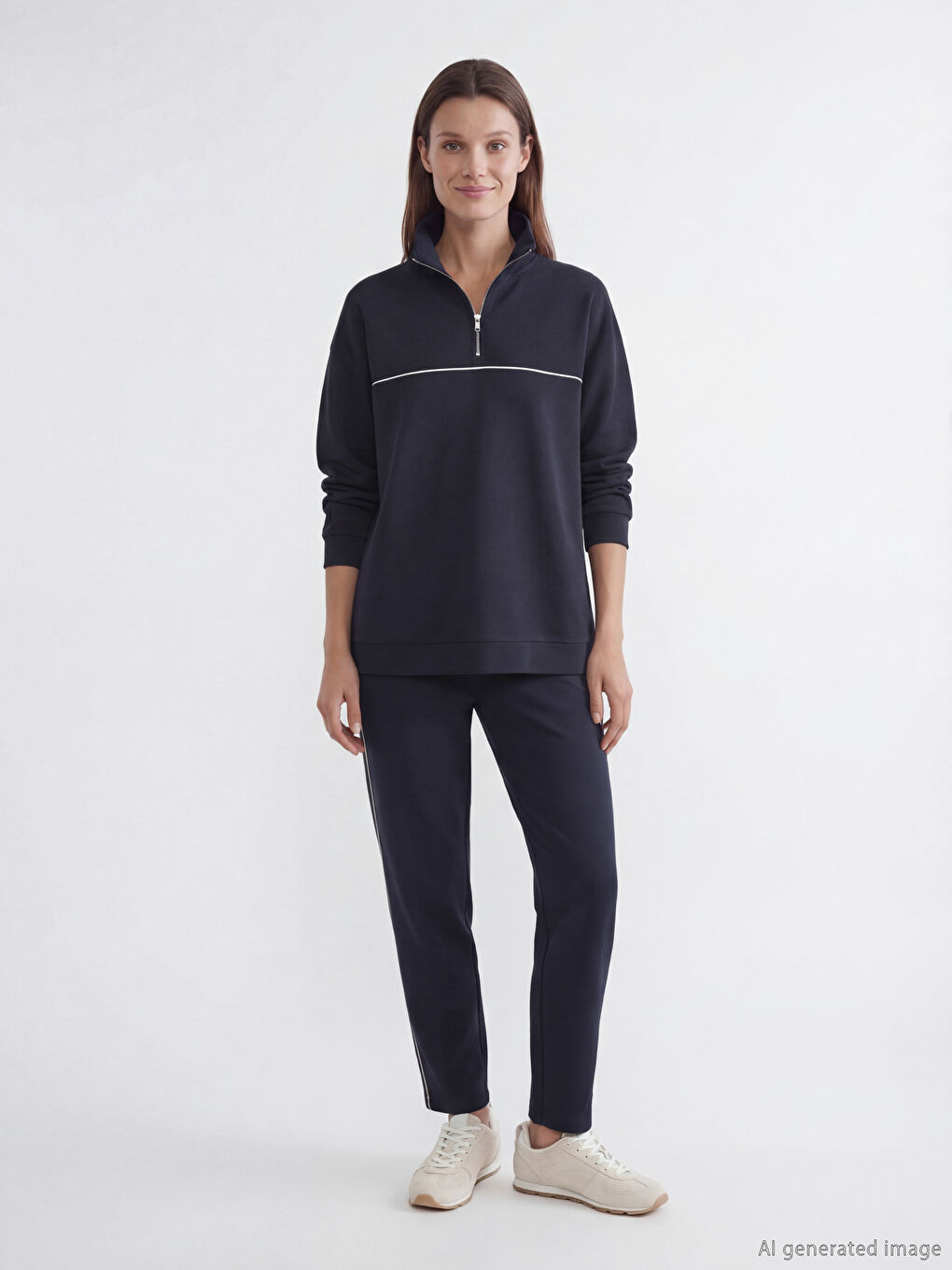 Lacivert Dik Yaka Oversize Kadın Sweatshirt	-1