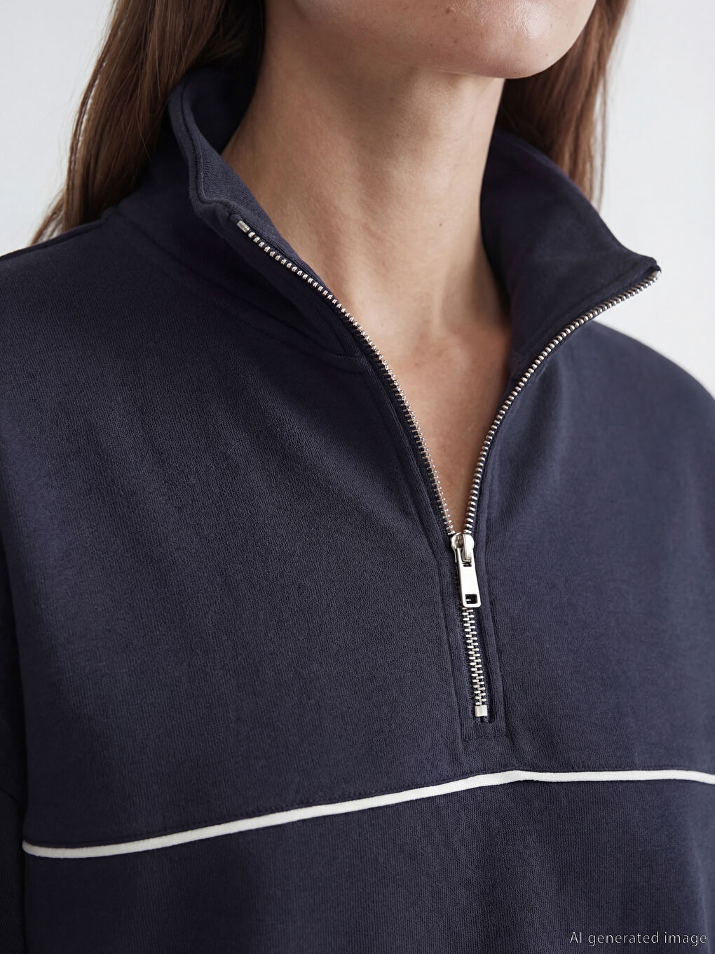 Lacivert Dik Yaka Oversize Kadın Sweatshirt	-2