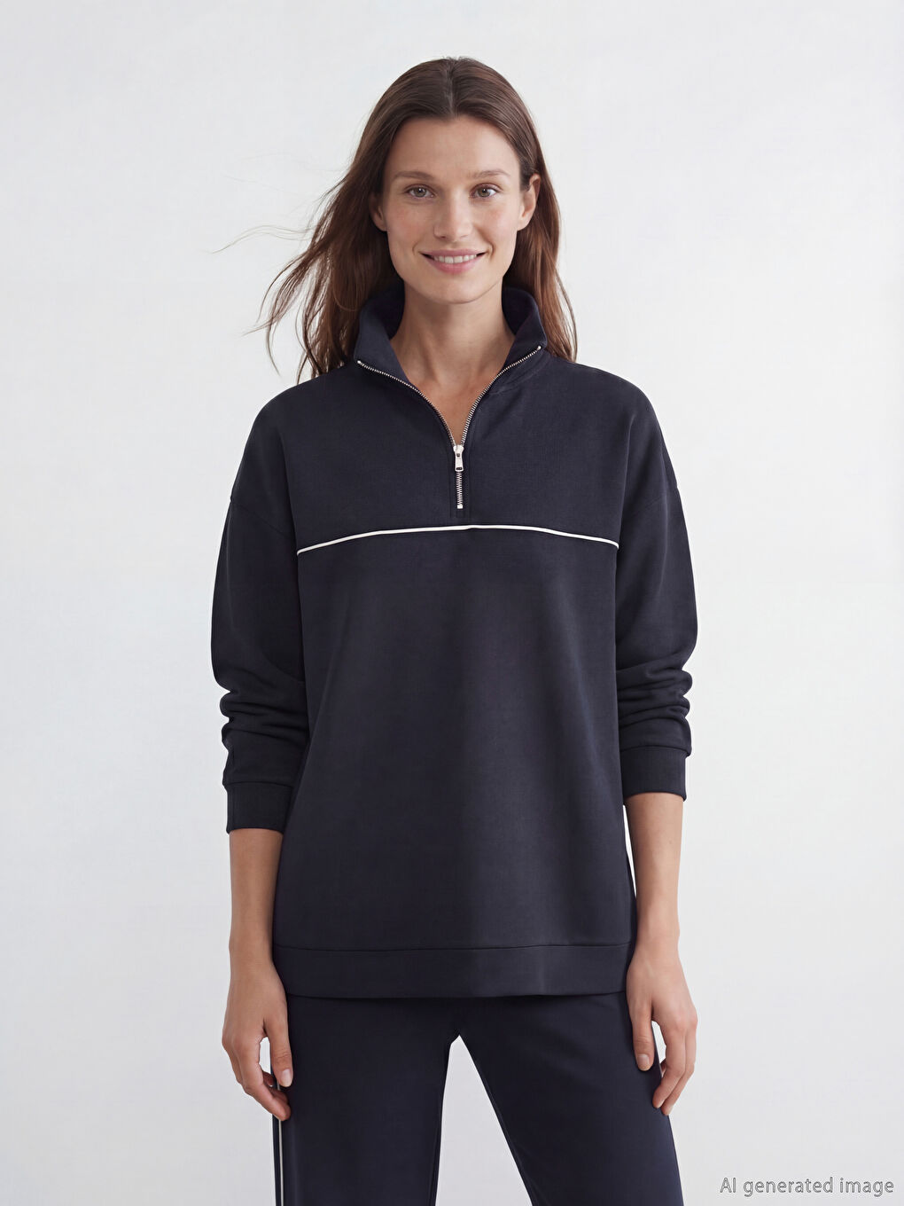 Lacivert Dik Yaka Oversize Kadın Sweatshirt	-3