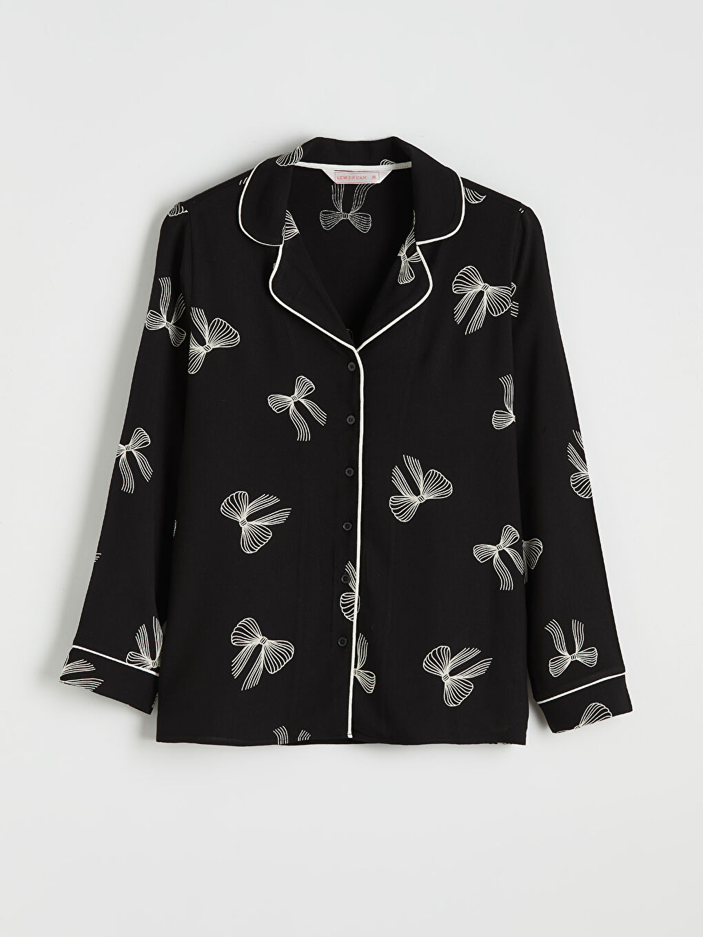 Siyah Gömlek Yaka Fiyonk Desenli Kadın Pijama Takım-1