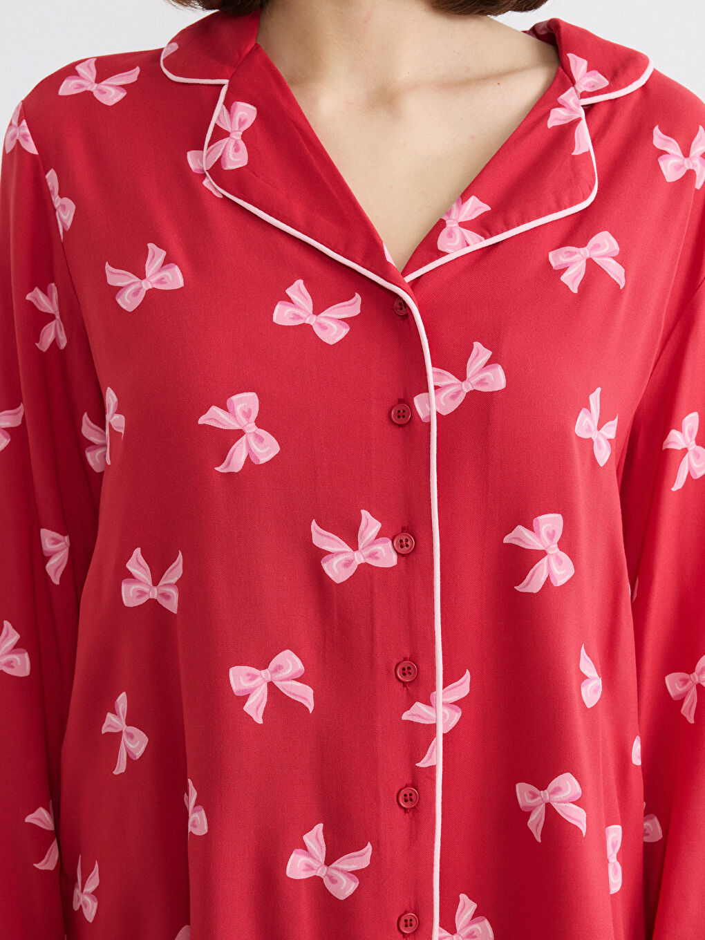 Kırmızı Gömlek Yaka Fiyonk Baskılı Kadın Pijama Takım-2