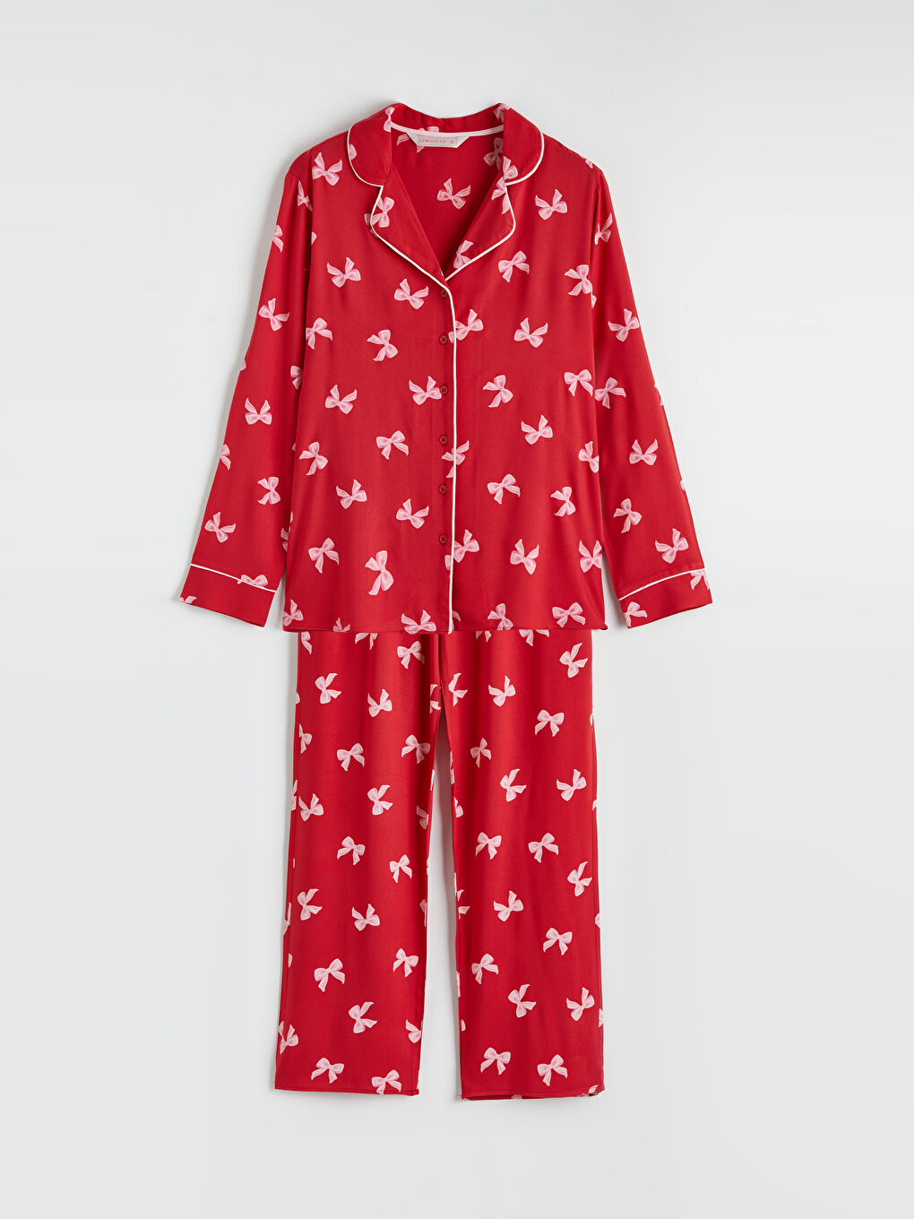 Kırmızı Gömlek Yaka Fiyonk Baskılı Kadın Pijama Takım-4