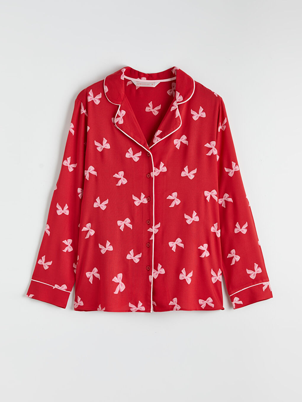 Kırmızı Gömlek Yaka Fiyonk Baskılı Kadın Pijama Takım-5