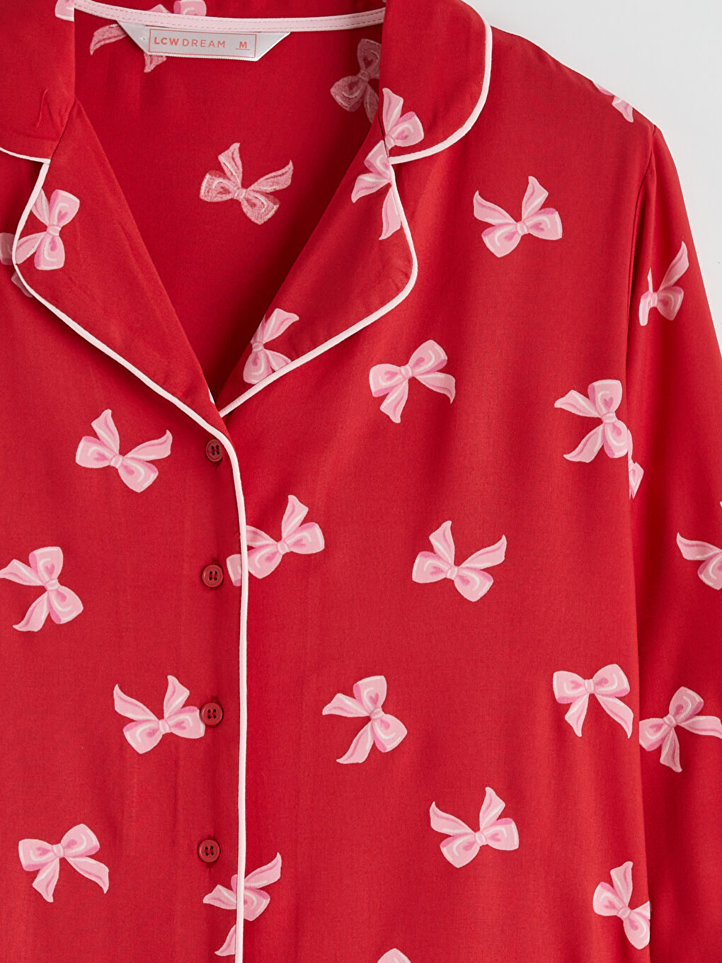 Kırmızı Gömlek Yaka Fiyonk Baskılı Kadın Pijama Takım-7