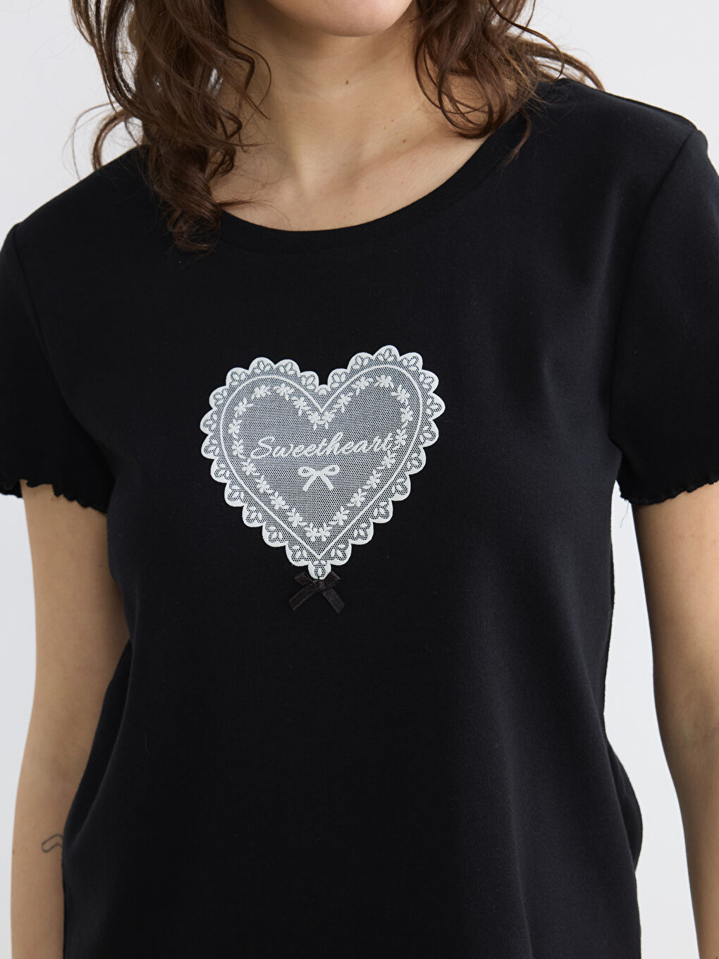 Ekru Bisiklet Yaka Baskılı Kadın Pijama Takım-2