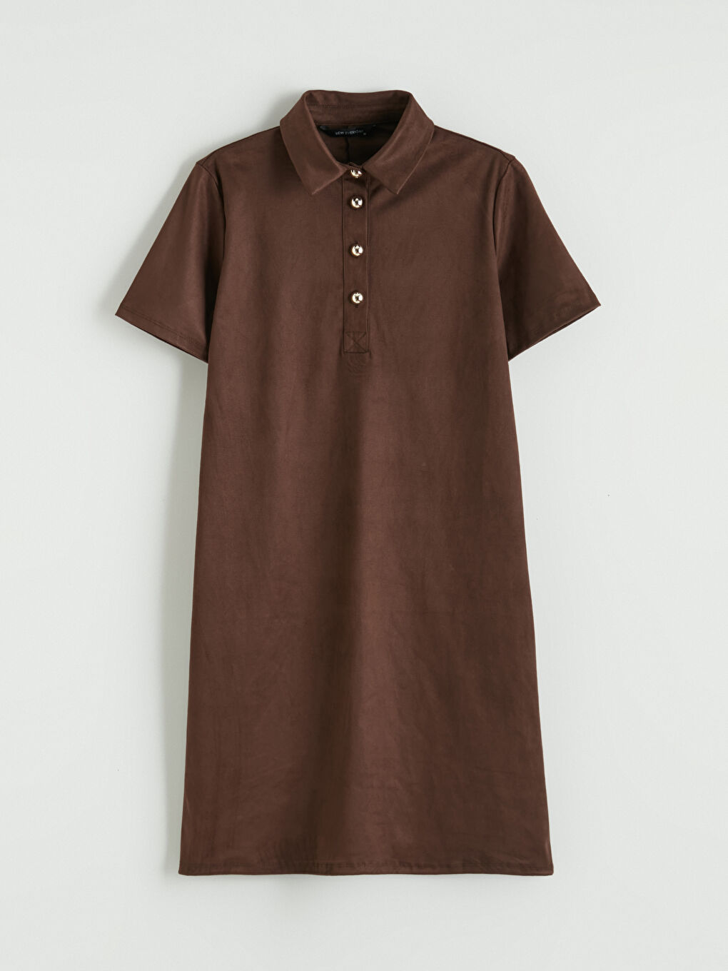 Kahverengi Polo Yaka Süet Görünümlü Mini Elbise-4