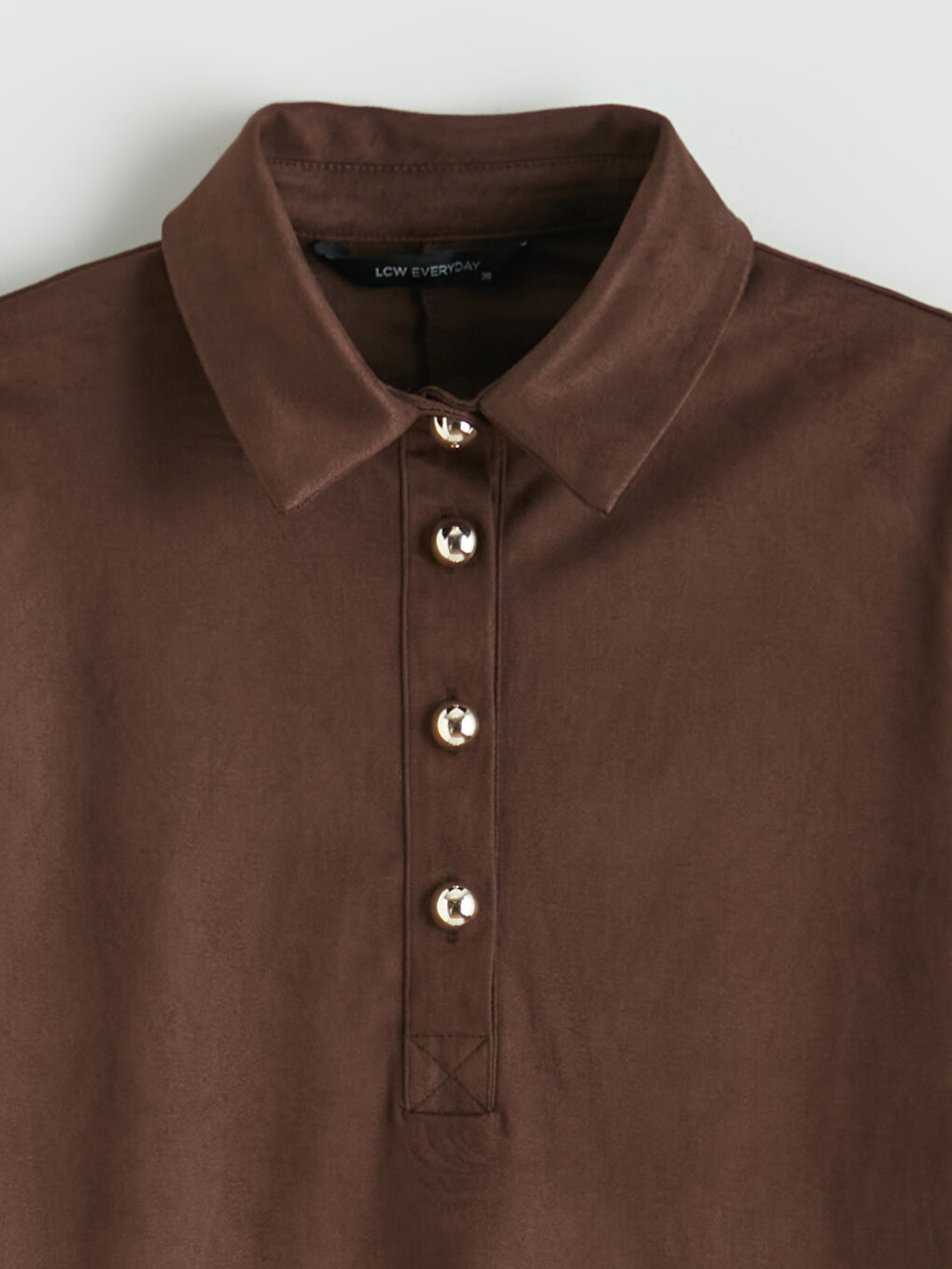 Kahverengi Polo Yaka Süet Görünümlü Mini Elbise-5