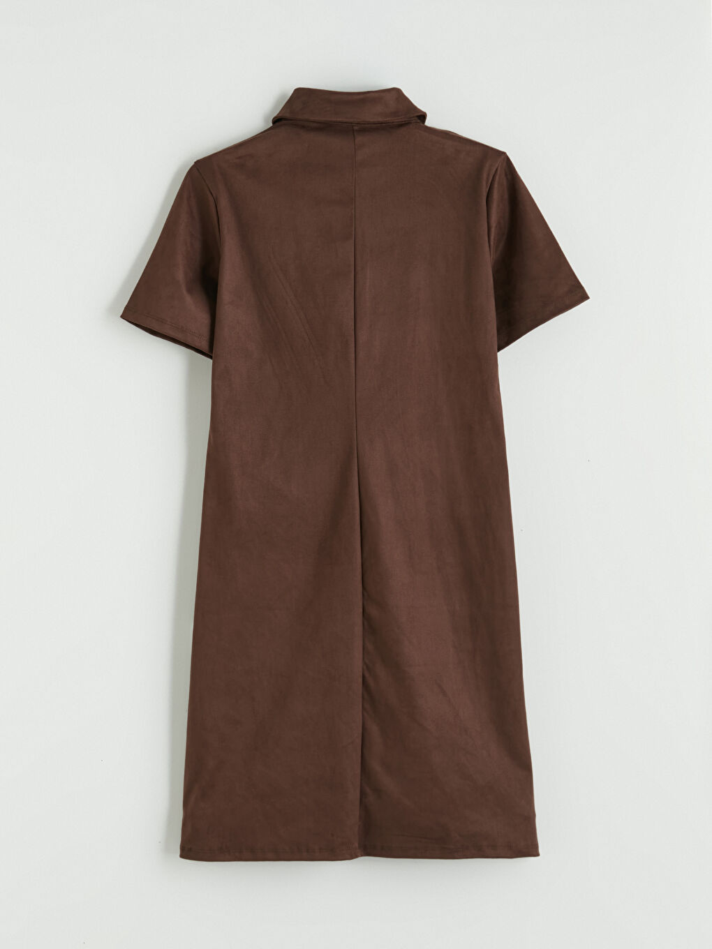 Kahverengi Polo Yaka Süet Görünümlü Mini Elbise-6