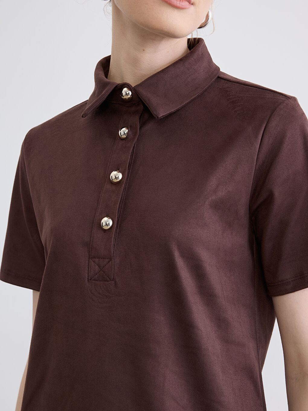 Kahverengi Polo Yaka Süet Görünümlü Mini Elbise-2